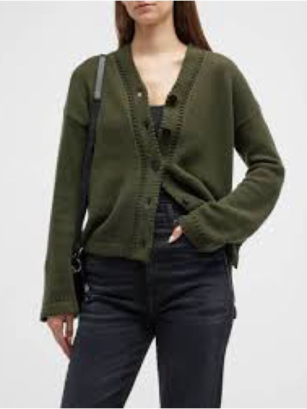 Theory Karenia Pointelle Wool-Cashmere Cardigan olive green V neck Sz P
